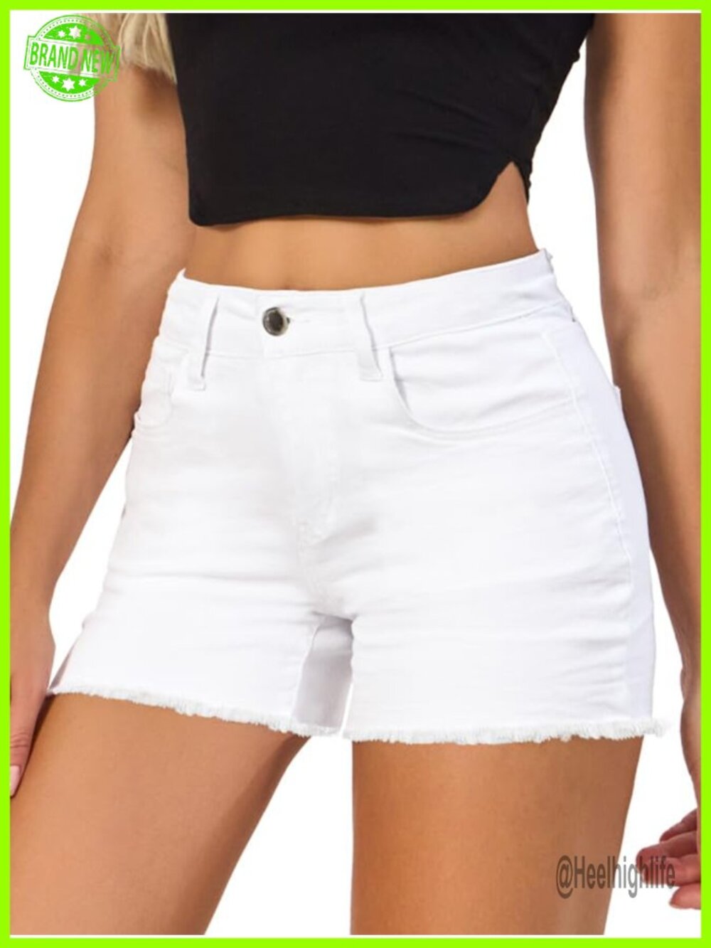 Women Mid Rise Jean Shorts Frayed Raw Hem Stretchy Casual Denim